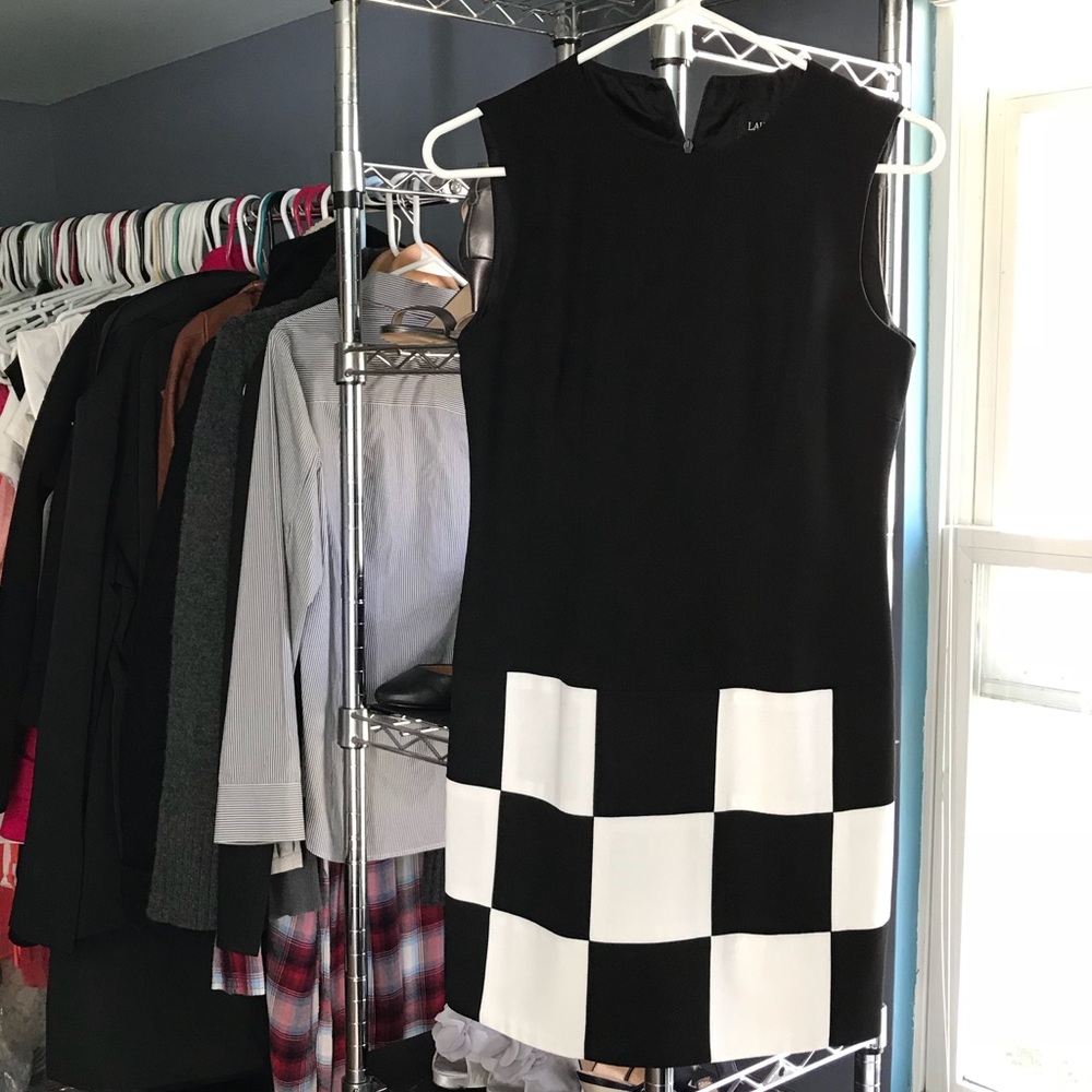 black dress with black and white block pattern